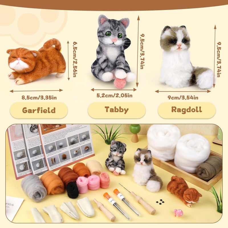 Mayboos Needle Felting Kit, 3 PCS Cat Animal Needle Felting Beginner Kits Wool Felt Needle Felting Tools with Instruction for DIY Craft Animal Home Decoration - Image 4